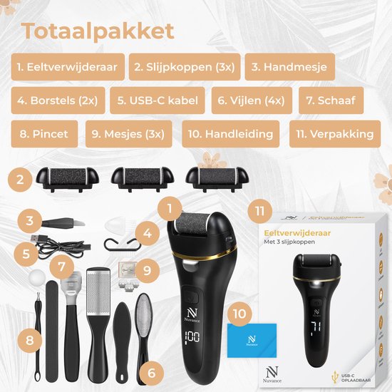 Appareils de désincrustation Nuvance - Kit de pédicure électrique - 18 pièces - Désincrustateur électrique - Lime à pieds - Professionnel - Noir