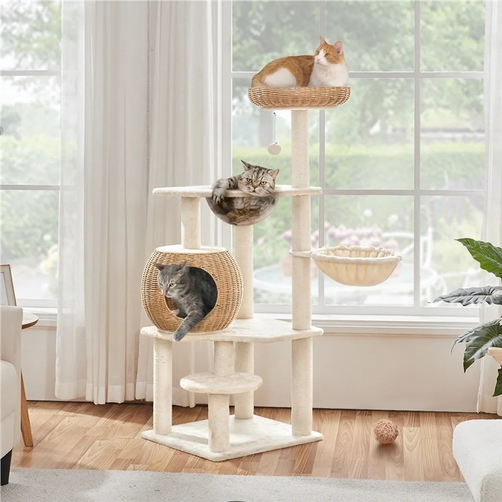Yaheetech Arbre à chat 137,5 cm en rotin avec maison pour chat, beige