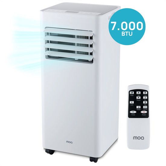 Climatiseur mobile MOA - 7 000 BTU - Avec télécommande - Jusqu'à 22m² - Pour le salon et la chambre - avec fonction de déshumidification - Scellant pour fenêtre - Blanc