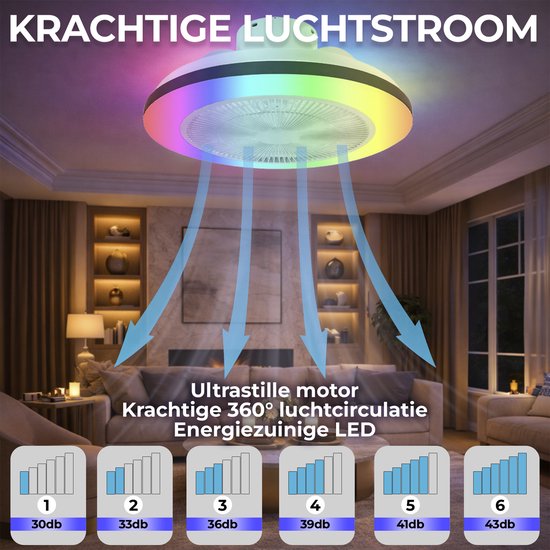 WERYOU® illuminAIR Ventilateur de plafond - Plafonnier - Ventilateur de plafond avec éclairage - Plafonnier - Lampe ventilateur - Tuya Wifi Smart - Lampe Led RGB - Plafonnier - Télécommande incluse - Dimmable - ⌀56CM