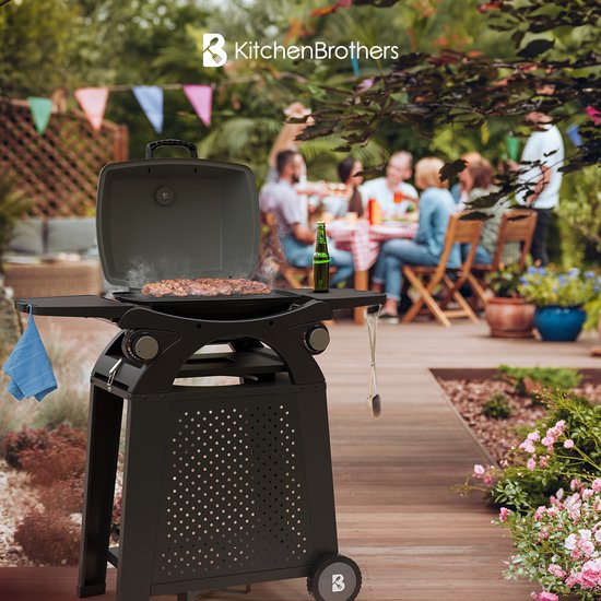 KitchenBrothers Gas BBQ - Barbecue de table et sur pied - Barbecue de table - Antiadhésif - Surface de grillade 37x48 cm - Noir