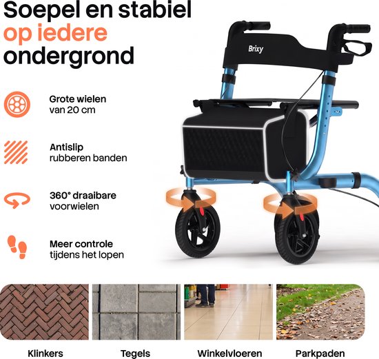 Rollator Brixy - Léger et pliable - Roues en caoutchouc à 360° - Siège intégré - Utilisation à l'intérieur et à l'extérieur - Dossier, sac et support pour canne - Bleu