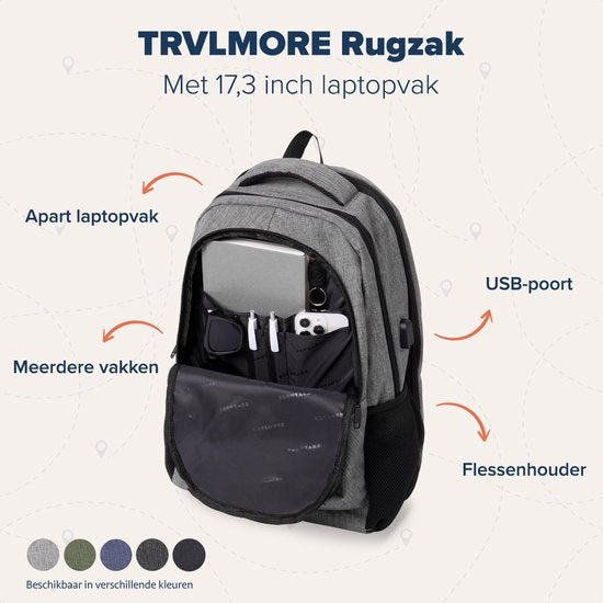 TRVLMORE Sac à dos - 36L - 17 inch - Sac à dos pour ordinateur portable - Sac d'école - Unisexe - Gris anti-éclaboussures