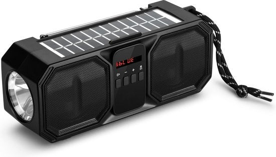 Denver Radio d'urgence - Haut-parleur Bluetooth - Banque d'énergie solaire - 80W - Radio FM - Lampe de poche - USB - BTG158 - Noir