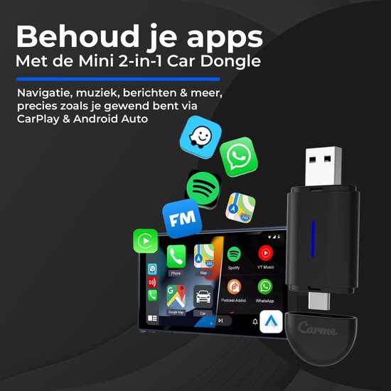 CarMe Mini 2-in-1 CarPlay Dongle - USB-A & USB-C - Wireless CarPlay & Android Auto - Android Auto Dongle - Noir
