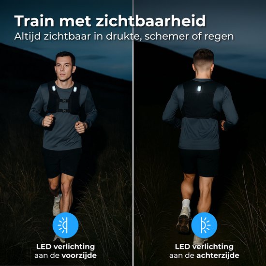 Nuvance Running Vest - 3x LED - Gilet de course à pied avec éclairage - Gilet de course à pied - Gilet de course à pied avec poche pour bouteille d'eau et téléphone - Universel