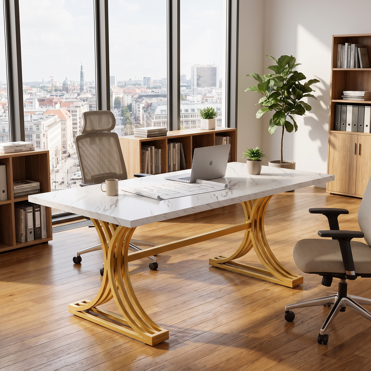 Table de réunion Lantine 160 x 80 cm - Pour 4 à 6 personnes - Marbre synthétique blanc et doré - Pieds métalliques modernes