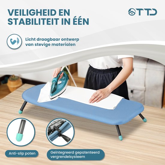 TTD® Table à repasser pliable sans ligne de pliage - Comprend une planche à manches et une boucle de suspension - Mini table à repasser avec porte-fer - Table à repasser de table pliable - Petite table à repasser pliable