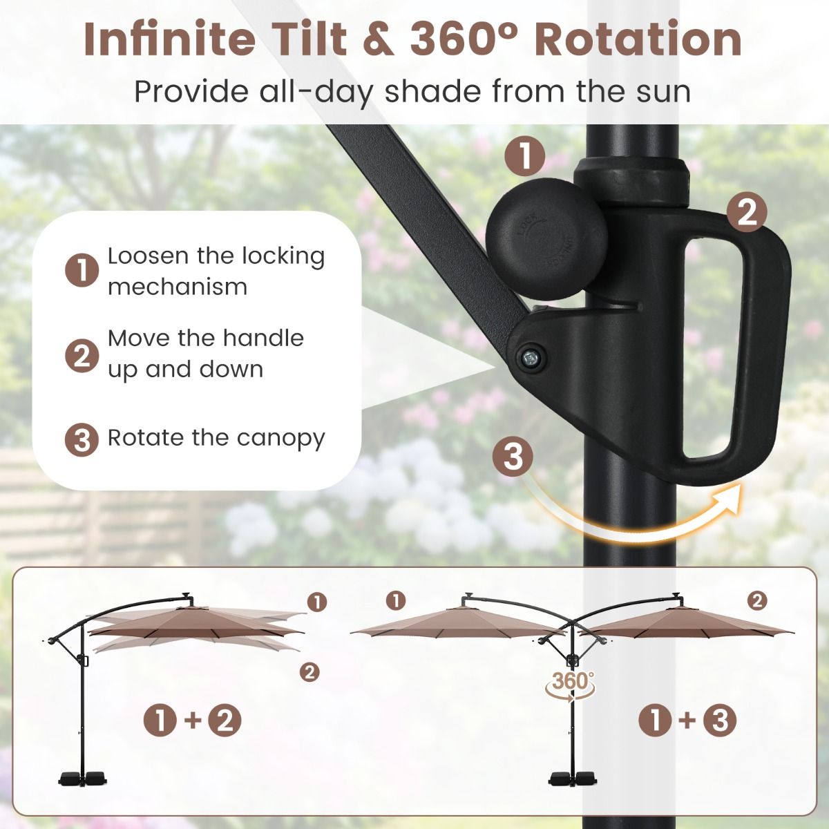 Parasol suspendu Coast avec éclairage LED - 9 modes d'éclairage - avec sacs de sable et balancier - marron - 300 x 260 cm