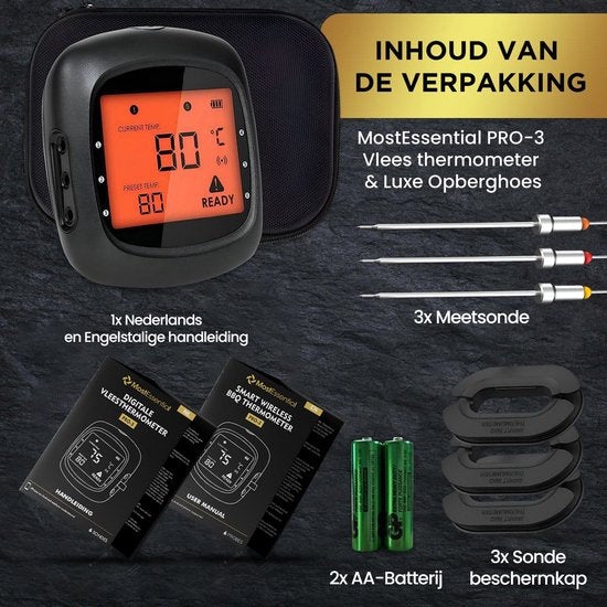 MostEssential PRO-3 Thermomètre à viande numérique - Thermomètre pour barbecue - Sans fil avec application - Bluetooth 5.0 - Portée de 100 m - 3 sondes de mesure et étui de rangement de luxe inclus