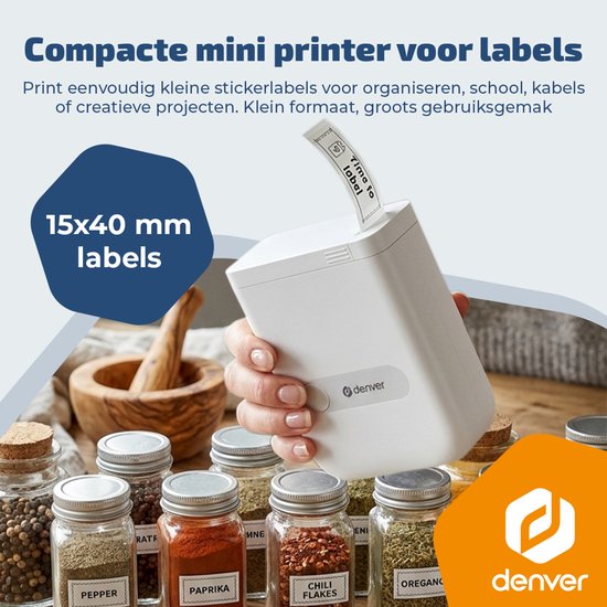 Imprimante d'étiquettes Denver - Bluetooth - Connexion à un smartphone - 15 x 40 mm - 4 rouleaux d'étiquettes inclus - MBP16