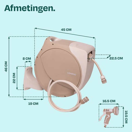 Enrouleur automatique de tuyau d'arrosage VONROC – boîtier mural pour tuyau d'arrosage – avec tuyau d'arrosage haut de gamme de 30 m, pistolet d'arrosage à 8 positions et raccords – beige