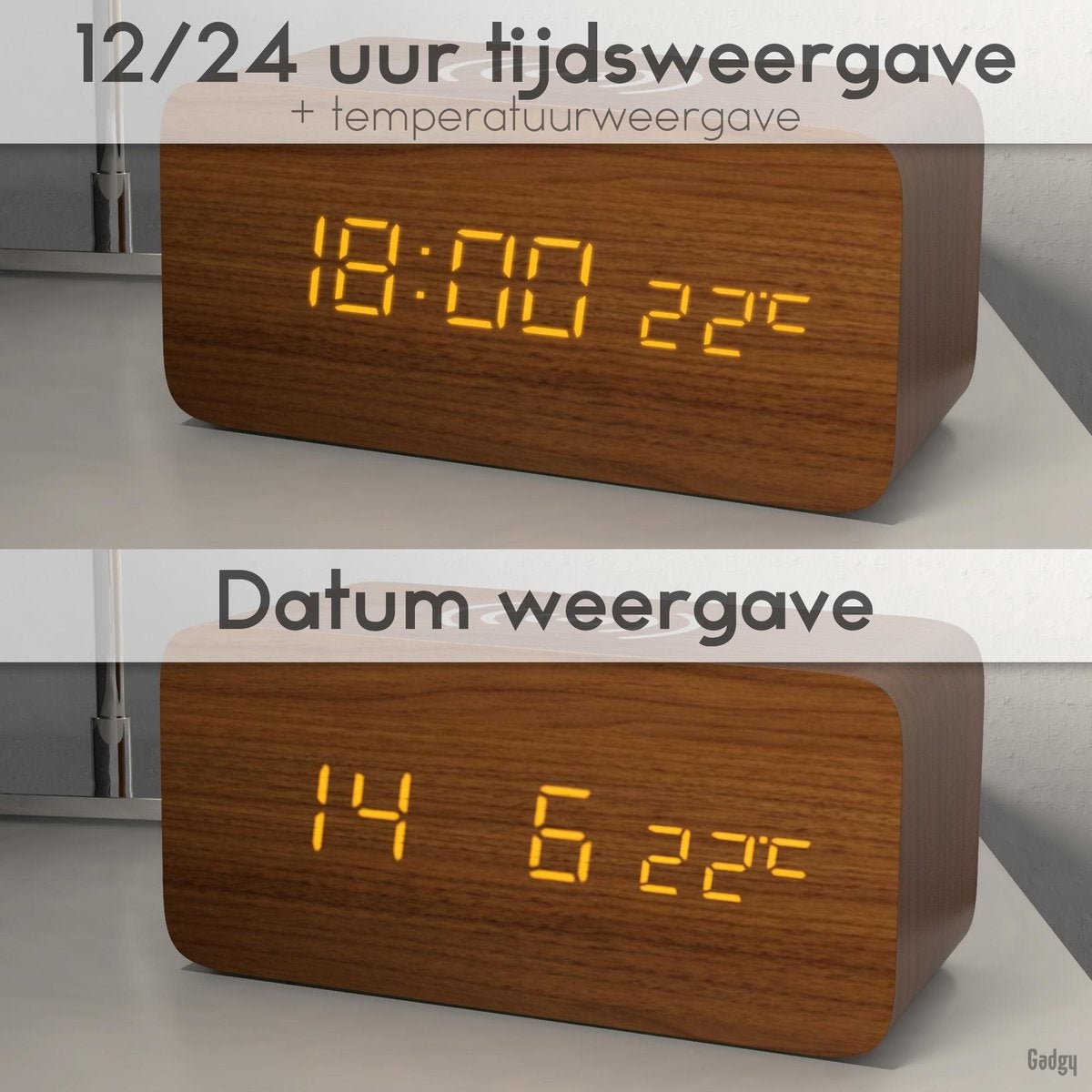 Gadgy Digitale Wekker met Draadloze Oplader - Houten Wekker met Eco Stand - Alarmklok met Temperatuur Datum en Tijd - Cadeau voor Vrouw en Man