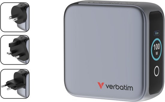 Chargeur Verbatim Mini Gan 100 W, 2 ports USB-C, 1 port USB-A, QC, pour Apple MacBook et iPhone
