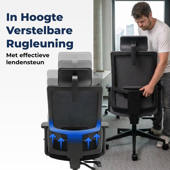 Chaise de bureau ergonomique Backerz - Chaises de bureau pour adultes jusqu'à 160 kg - Chaise de bureau en tissu - NEN-EN1335