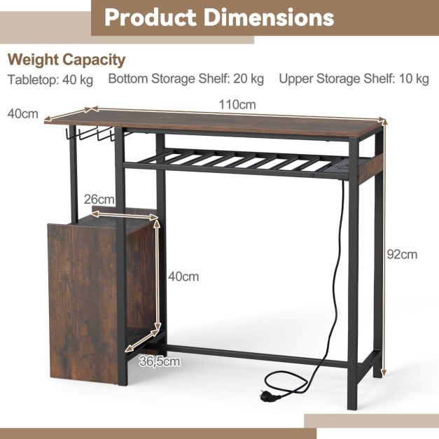 Table de bar Coast avec éclairage RGB et station de recharge – Table haute avec porte-bouteilles, porte-verres et compartiments de rangement – Marron/Noir – 110 cm