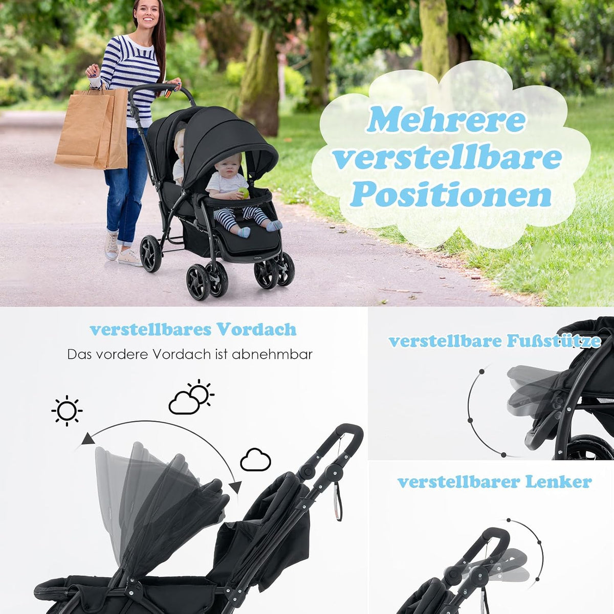 Poussette Coast Tandem pour deux enfants – Pliable avec dossier réglable – Noir – Métal