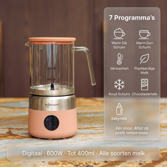 Safecourt Kitchen Glass Milk Frother - Mousseur à lait électrique - Cruche en verre & sans PFAS - Lavable au lave-vaisselle - Rose