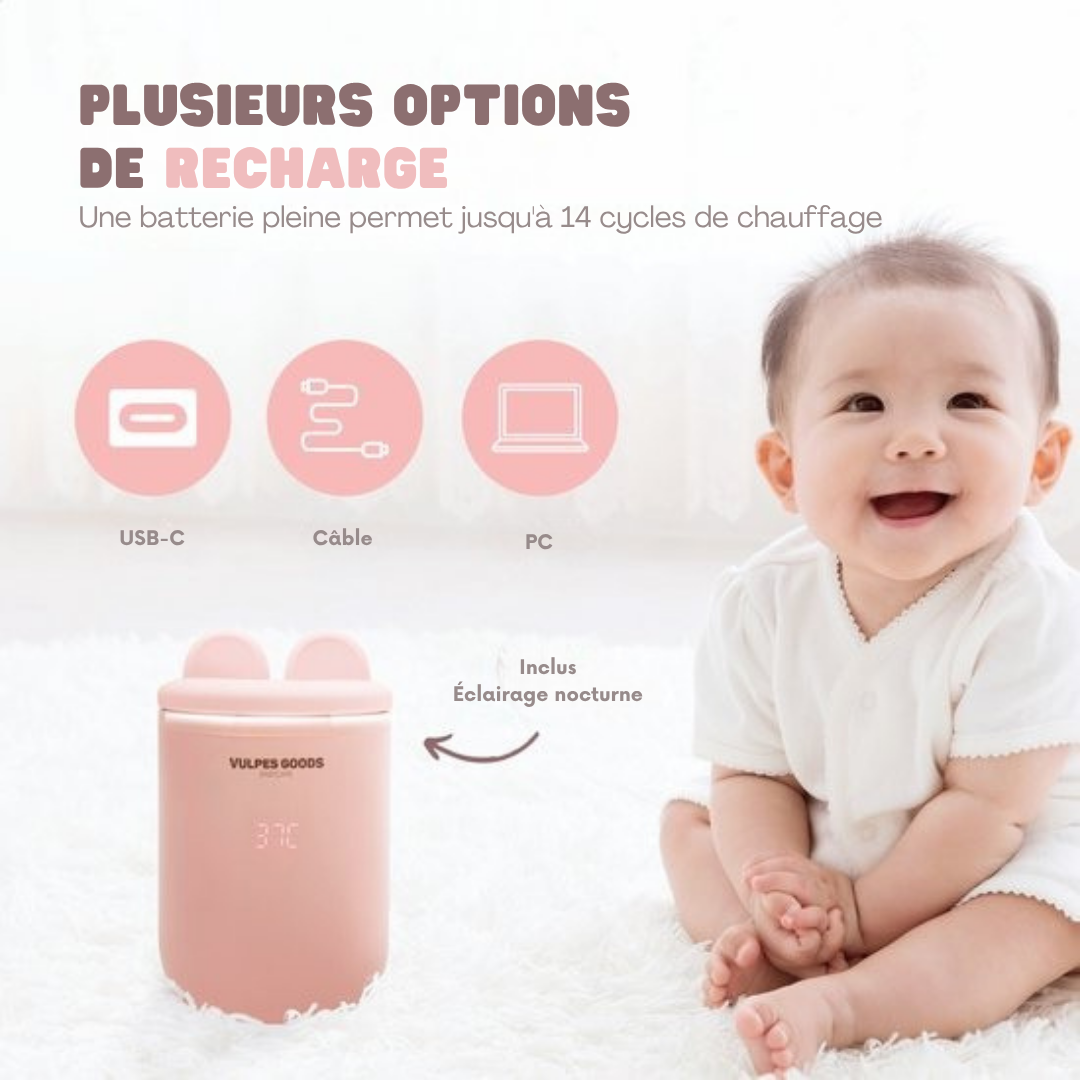 Chauffe-biberon Vulpes Goods® - Portable et intelligent - 4 niveaux de température - Sans fil - Rose