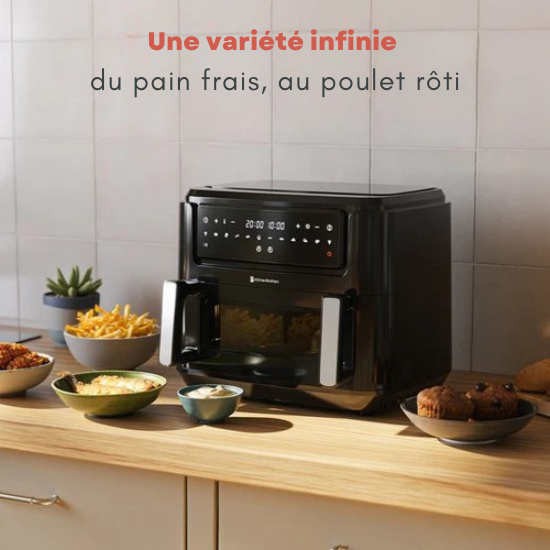 Airfryer XXL - KitchenBrothers - 9L - 2400W - Séparateur Snack - 10 Programmes de cuisson - 50ºC à 200ºC - Noir