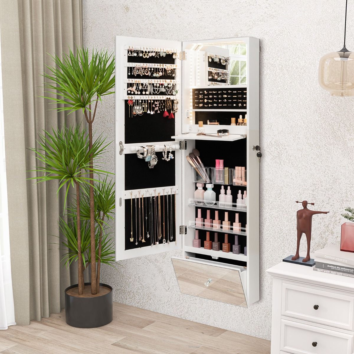Coast Armoire à bijoux - avec miroir - éclairage LED - 120 x 37 x 11 cm - Blanc