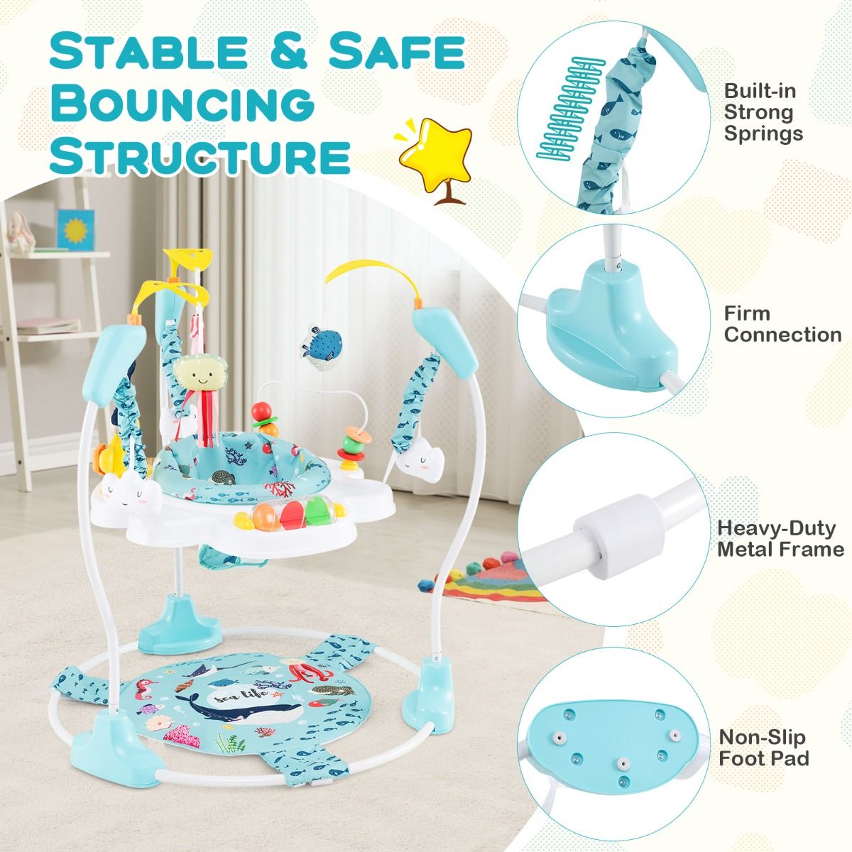 Coast Baby Sky Jumperoo - Light Blue/White - 87x87x94 cm - 3 hauteurs, siège pivotant à 360° et centre de jeu interactif