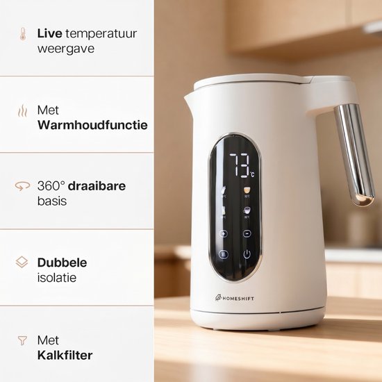 Bouilloire HomeShift® avec réglage de la température - Fonction de maintien au chaud - Double paroi - Électrique - 1,7 litre - 2200 W - Blanche