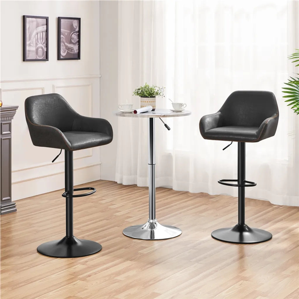 Yaheetech Barstools Set of 2 - Black Faux Leather - Adjustable 87.5-107.5 cm - 360° Rotatable with Backrest and Footrest