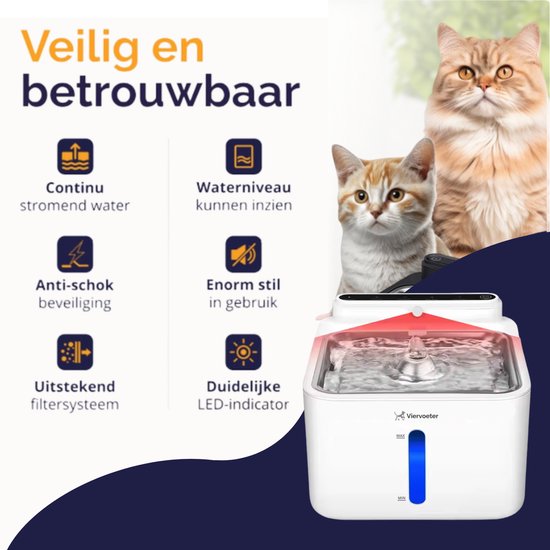 Fontaine à eau sans fil Viervoeter en acier inoxydable - Fontaine à eau à capteur pour chats et chiens - Filtre inclus - 3,2 L - Autonomie de 30 jours - Silencieuse - Blanche