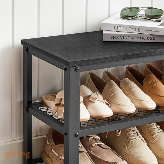 Goliving Rangement de chaussures - Banc de chaussures - Banc d'entrée - Industriel - 30 x 80 x 45 cm - Métal - Bois noir