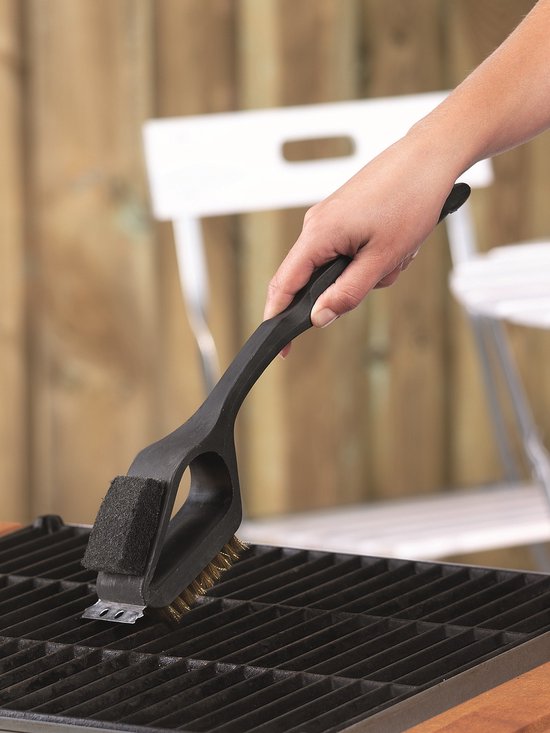 BBQ Collection Brosse de nettoyage pour barbecue - 3 en 1 - Brosse en acier - Éponge à récurer - Grattoir - 38 cm - Noir