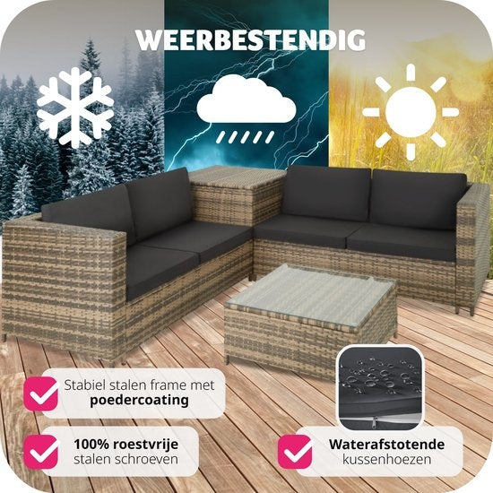 Tectake - Salon en osier Siena (4 personnes) - Modulaire, coffre de rangement, coussins extra épais, résistant aux UV et aux intempéries, structure en acier - Nature/Gris foncé