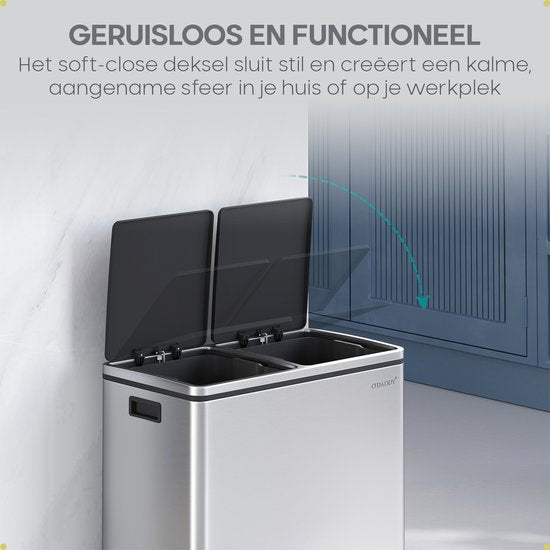 Poubelle O'DADDY® - Poubelle – Duo Bin – 60 litres – Fermeture douce – 58,6 x 32 x 65 cm – 2 seaux intérieurs / compartiments - Poubelle - Poubelle à pédale 60 L - Corbeille à papier - Poubelle - Poubelle pour le tri sélectif – 15 sacs poubelle inclus – A