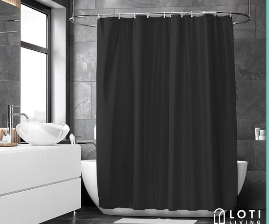 Loti Living Rideau de douche anti-moisissure - Noir - Anneaux inclus - Imperméable - Polyester - Rideau de douche 180x200 cm