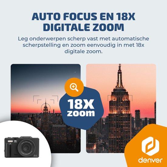 Appareil photo numérique Denver - Full HD 5K - 75 MP - Appareil photo pour vlog - Connexion Wi-Fi - Photo et vidéo - Appareil photo - DWC8475B