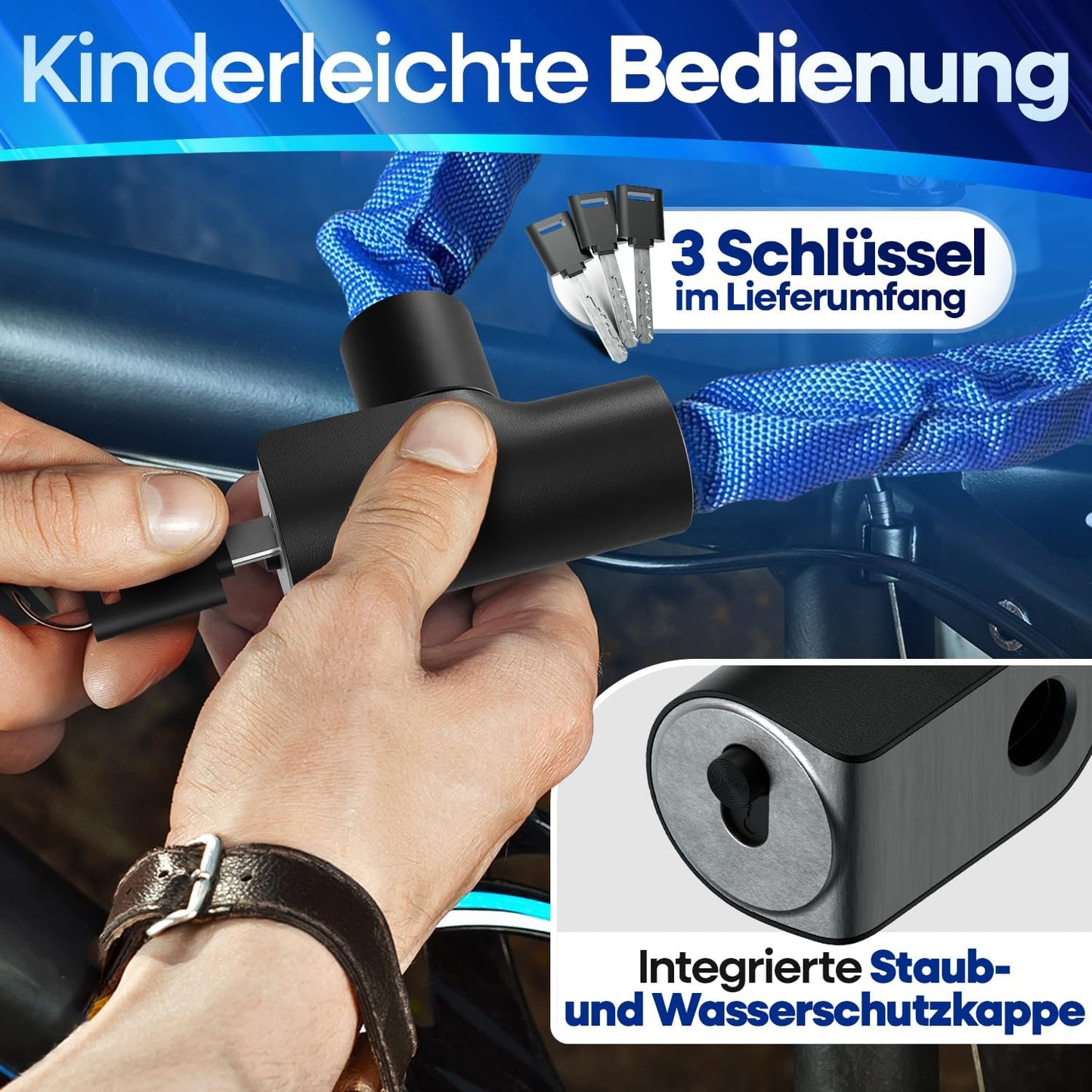 NEXTCOVER® Cadenas pour vélo LockOne avec clé - haute sécurité - robuste et durable - 3 clés - Bleu