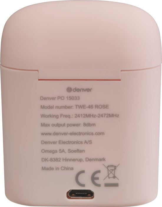 Denver TWE-46 - Ecouteurs - Sans fil - Ecouteurs sans fil - Bluetooth - avec étui de chargement - mains libres - sport - casque - intra-auriculaire - Bluetooth 5.0 - Rose