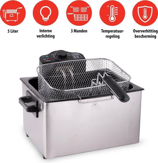 Friteuse double Alpina, 3 paniers - 2,5 / 5 litres 2000 Watt - inox