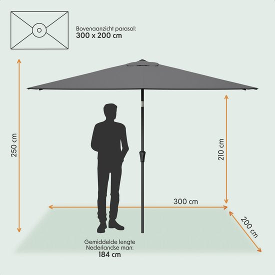 LifeGoods Parasol - Jardin - 200x300cm - 30° inclinable - Imperméable - UPF50+ - Gris foncé