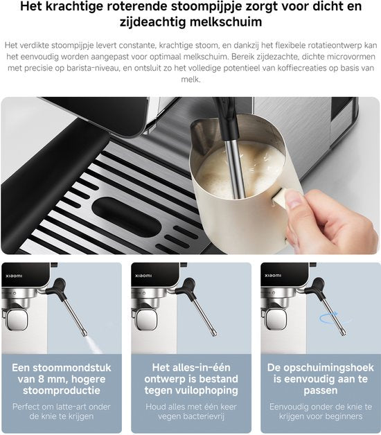 Machine à expresso semi-automatique Xiaomi | Machine à expresso | Pression de pompe de 20 bars | 1 350 W | Réservoir d'eau de 0,9 L | Mousseur à lait en acier inoxydable | 1 ou 2 tasses | Compacte
