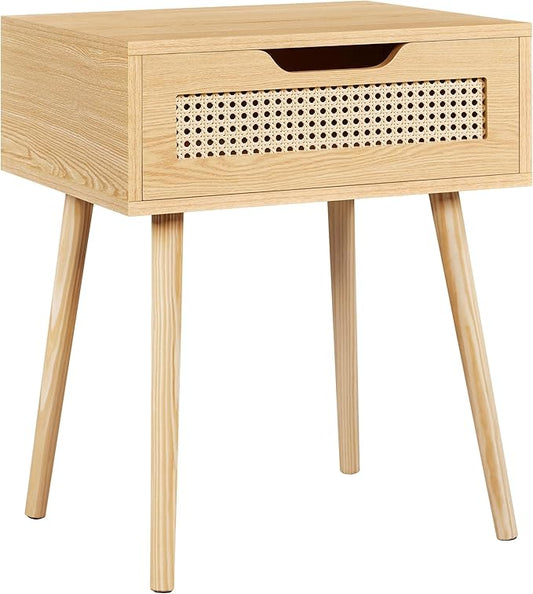 Table de chevet Yaheetech avec tiroir en rotin – Marron clair – 48,5 x 41 x 57,5 cm – Pieds en bois