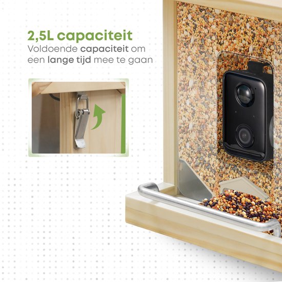 Mangeoire à oiseaux - Niche à oiseaux avec caméra - Bois - Reconnaissance des oiseaux par IA - 1080 HD - Audio - Avec panneau solaire
