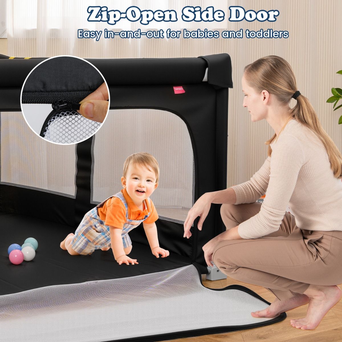 marcheur bébé côte 150 x 150 cm - Jouet pliable avec 50 balles, 4 poignées et une porte à fermeture éclair - Noir