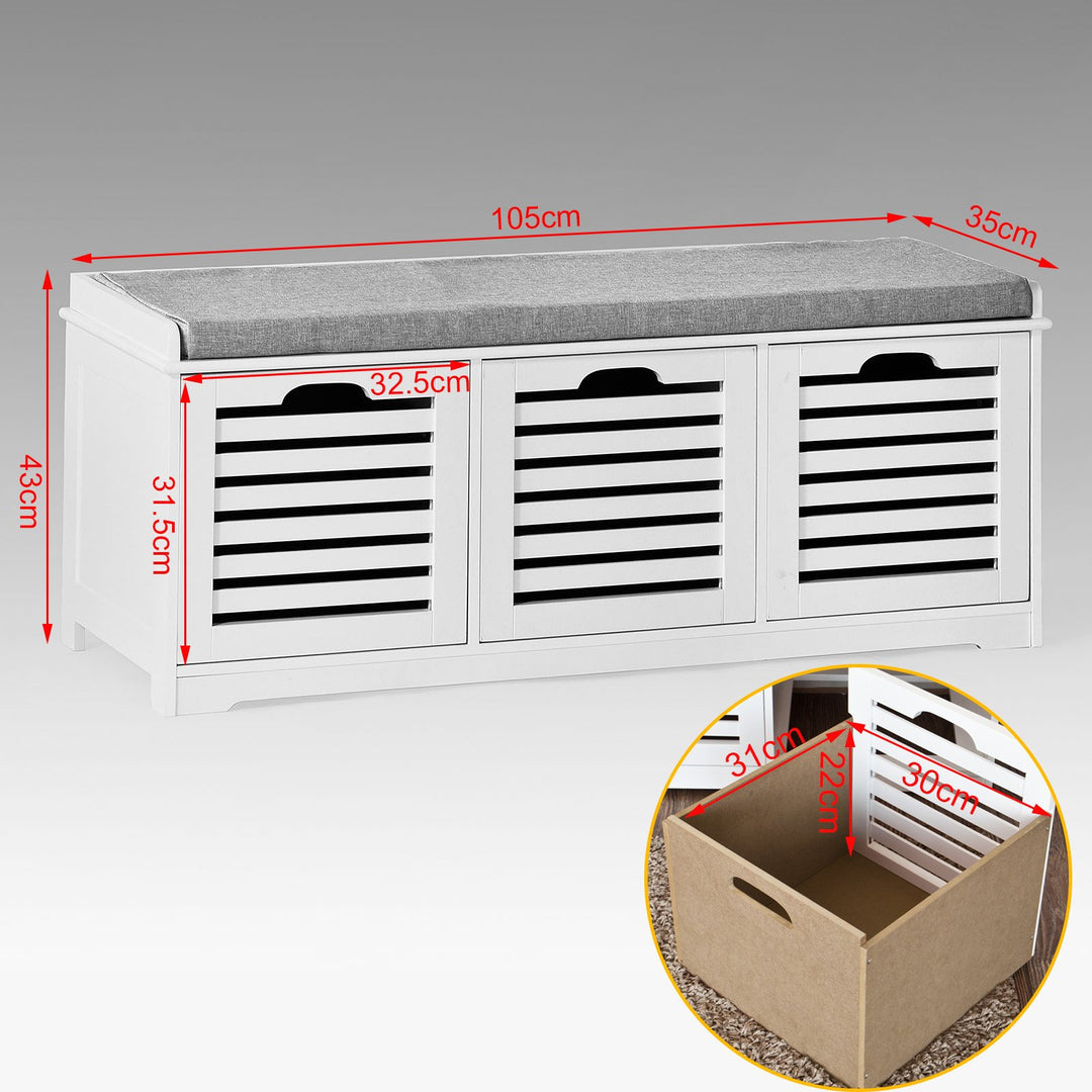 SoBuy Meuble à chaussures avec assise rembourrée - 3 paniers -Rural - Max. 120 kg -105 x 35 x 43 cm - Blanc / Gris