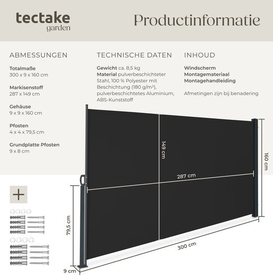 tectake® Pare-vent télescopique avec mécanisme d'enroulement - 300 x 160 cm - Auvent latéral avec armature en aluminium - Pare-soleil - Pare-vue de jardin - Pare-vue noir pour balcon - Pare-vue opaque - Toile de store