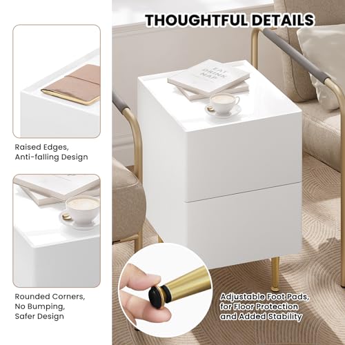 Woltu Table de nuit NTS10ws03 Blanc brillant avec accents dorés - 2 tiroirs - MDF, PVC et métal - 40 x 35 x 51 cm