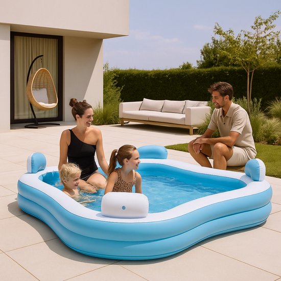 Creative Kids - Square Family Pool - gonflable - 4 chaises longues - 183 x 183 x 51 cm - porte-boissons - appuie-tête
