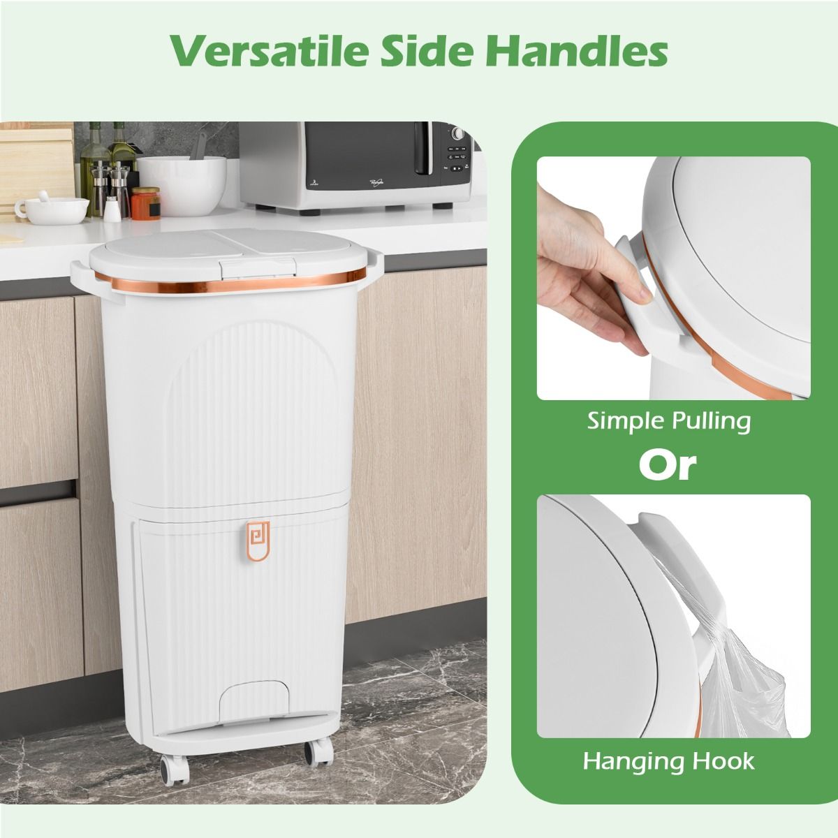 Poubelle Coast 38 litres avec couvercle - Système de tri sélectif à double compartiment - Pédale et roulettes - Blanc - 43 x 29 x 74,5 cm