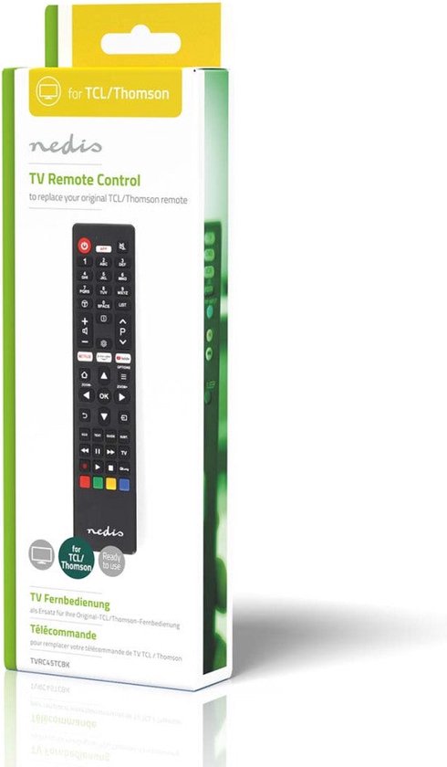 Télécommande de remplacement Nedis - Compatible avec : TCL/Thomson - Préprogrammée - 1 appareil - Bouton Amazon Prime / Netflix / YouTube - Infrarouge - Noir