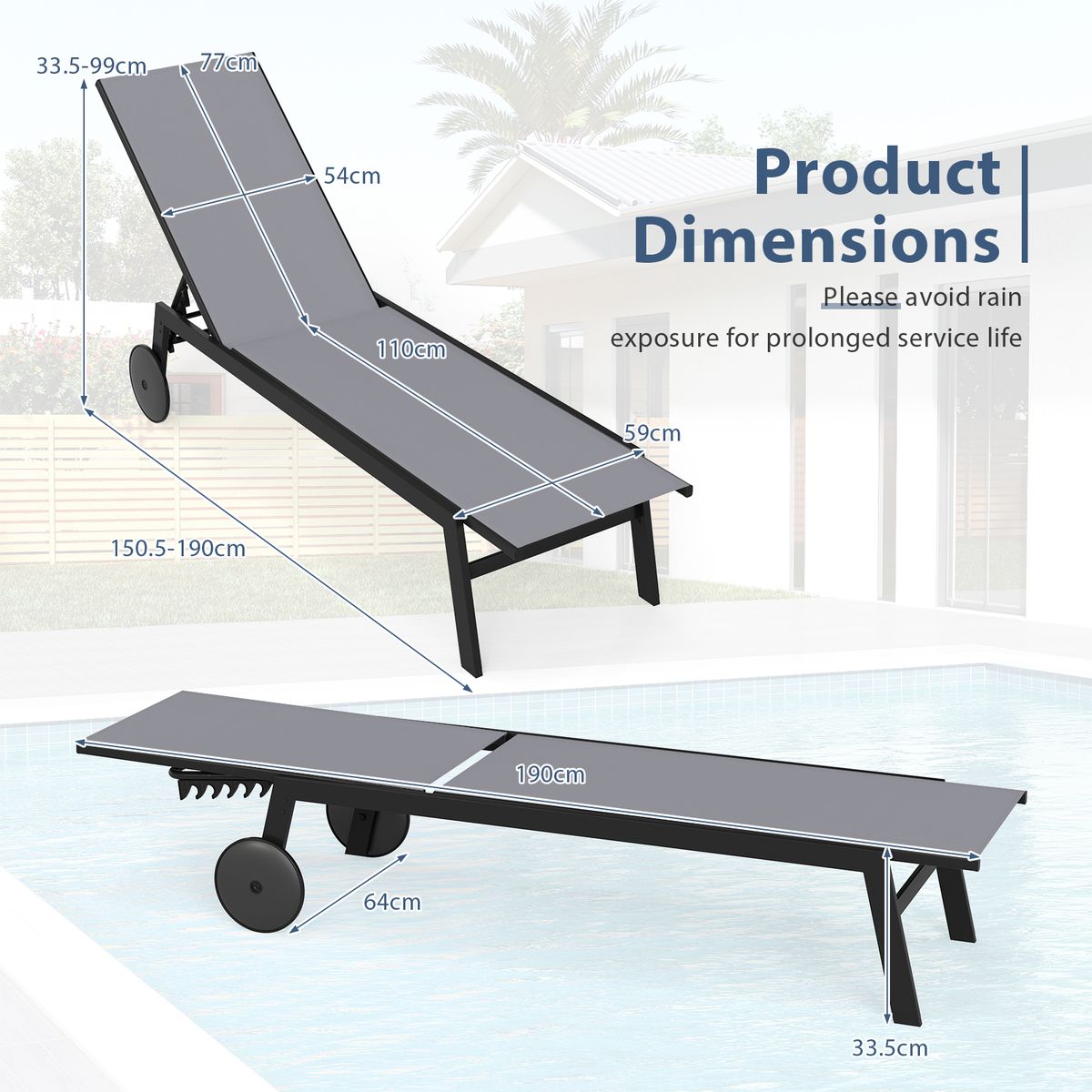 Chaise longue de jardin Coast sur roulettes - 6 positions réglables - revêtement respirant - gris - 1 pièce